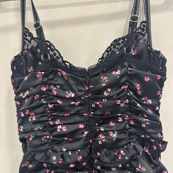 For Love and Lemons Pansy Floral Black Satin Lace Mini Dress Ruched Bodycon Club - Picture 8 of 11